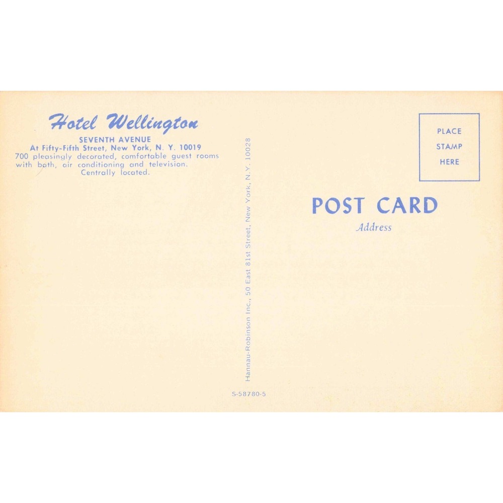 Vintage Hotel Wellington Seventh Avenue New York City Postcard Hannau-Robinson - Picture 2 of 2